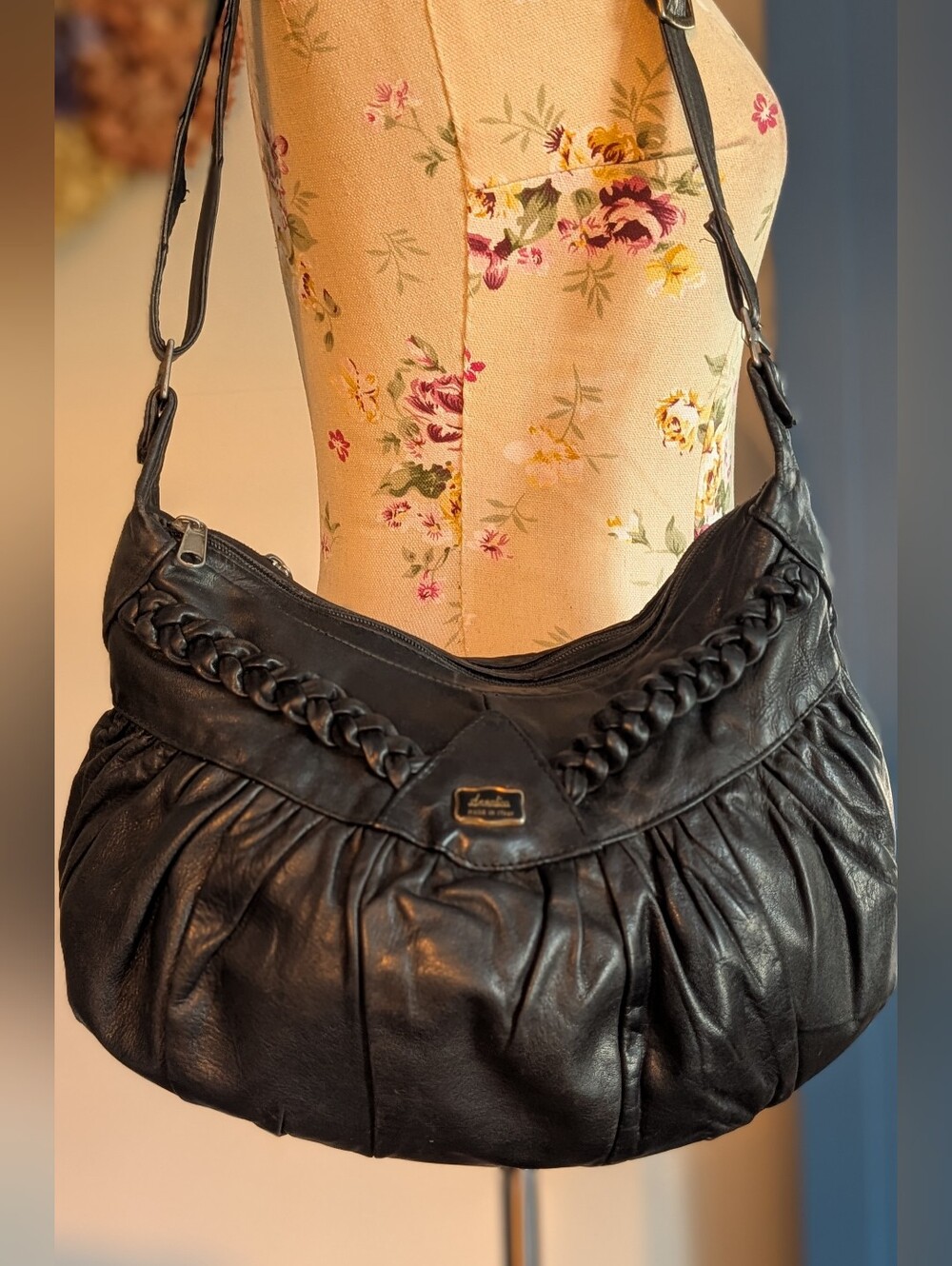 Annalisa Black Leather Shoulder Bag with Braided Detail